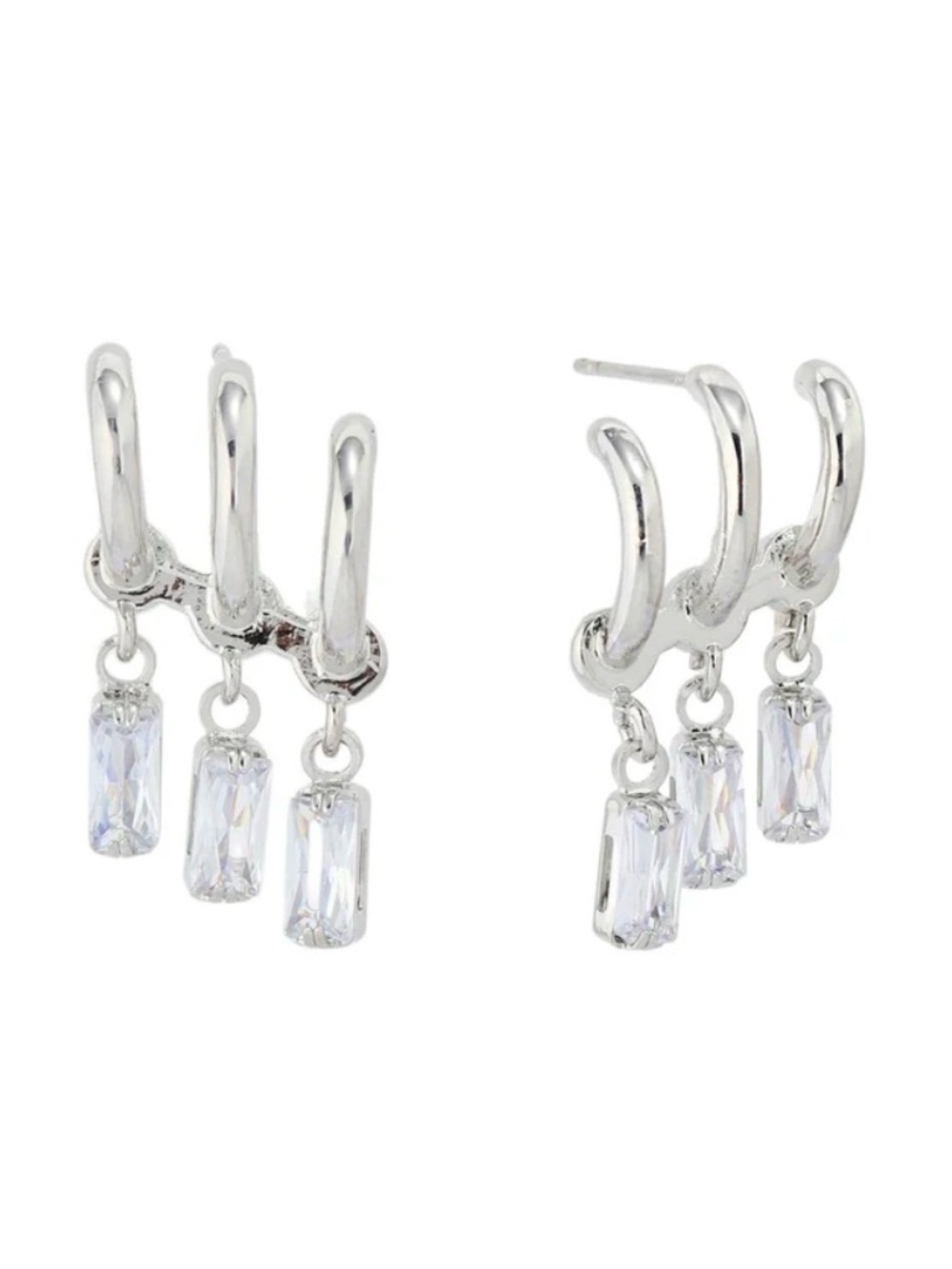 NEW! 14k White Gold plated Triple Hoop Crystal Drop Earrings - CZ